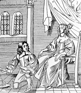Een Schoenmaker uit de Zeventiende Eeuw die een Voorname Klant Past, illustratie uit 
